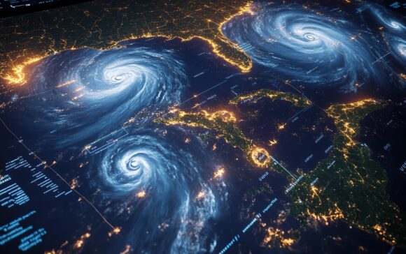Satellite view of multiple hurricanes forming over the ocean, showcasing powerful storms and weather patterns in a digital display.