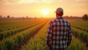 Farmer stands in field at sunset. Rural landscape. Contemplating crop insurance weather resilience. Plans for safe harvest. Agricultural industry. Crop protection strategy. Pro advice. Expert